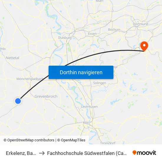 Erkelenz, Bahnhof to Fachhochschule Südwestfalen (Campus Hagen) map