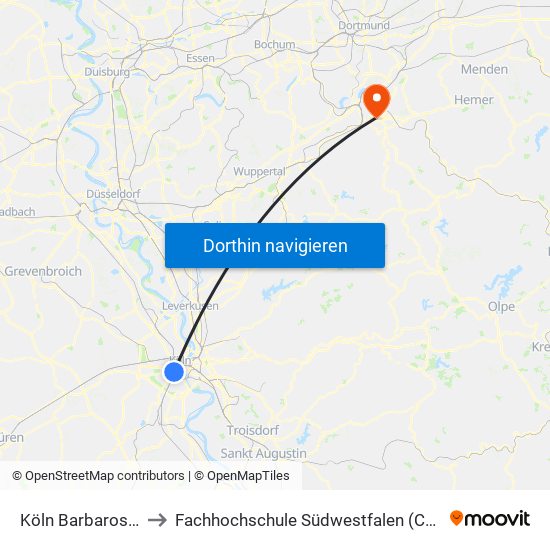 Köln Barbarossaplatz to Fachhochschule Südwestfalen (Campus Hagen) map