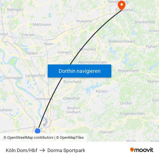 Köln Dom/Hbf to Dorma Sportpark map