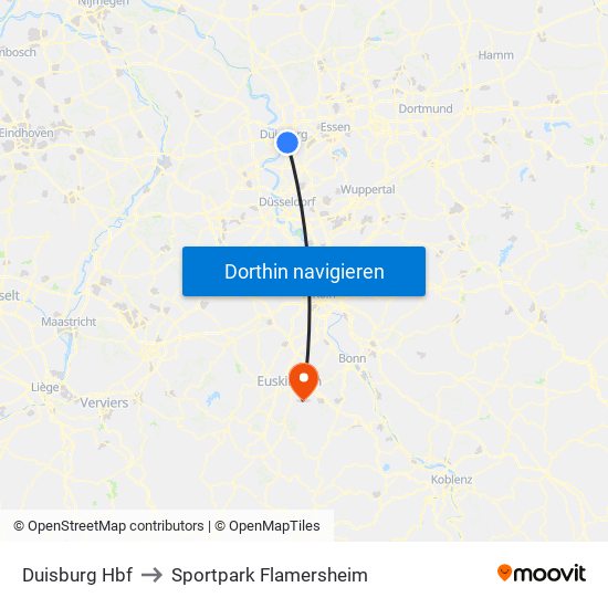 Duisburg Hbf to Sportpark Flamersheim map