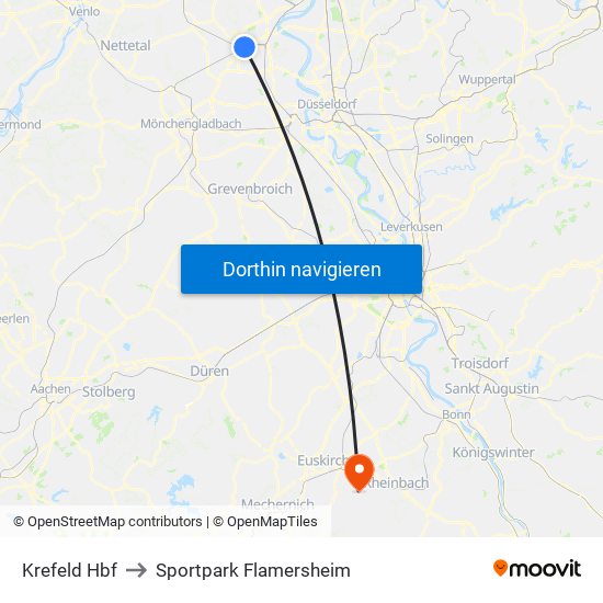 Krefeld Hbf to Sportpark Flamersheim map