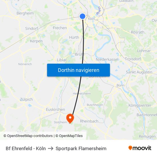 Bf Ehrenfeld - Köln to Sportpark Flamersheim map