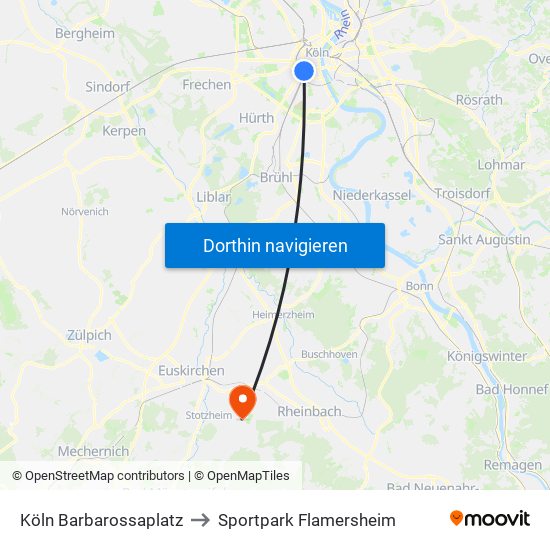 Köln Barbarossaplatz to Sportpark Flamersheim map
