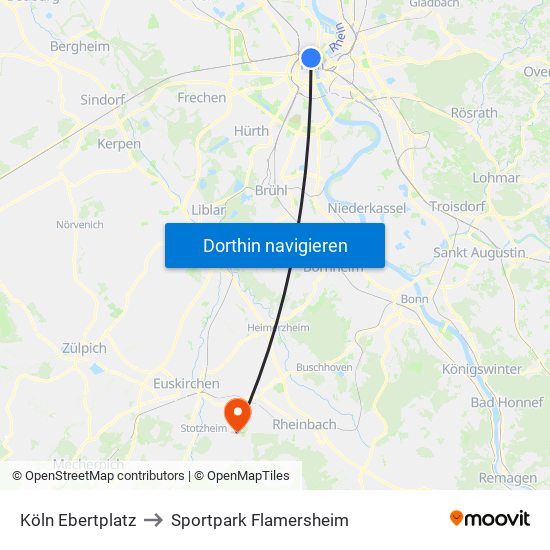 Köln Ebertplatz to Sportpark Flamersheim map