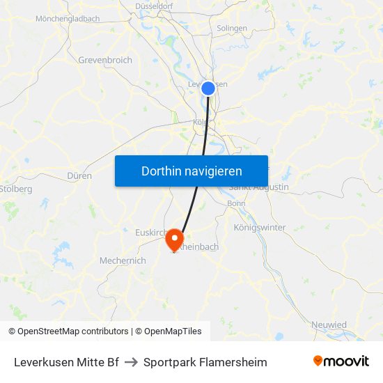 Leverkusen Mitte Bf to Sportpark Flamersheim map