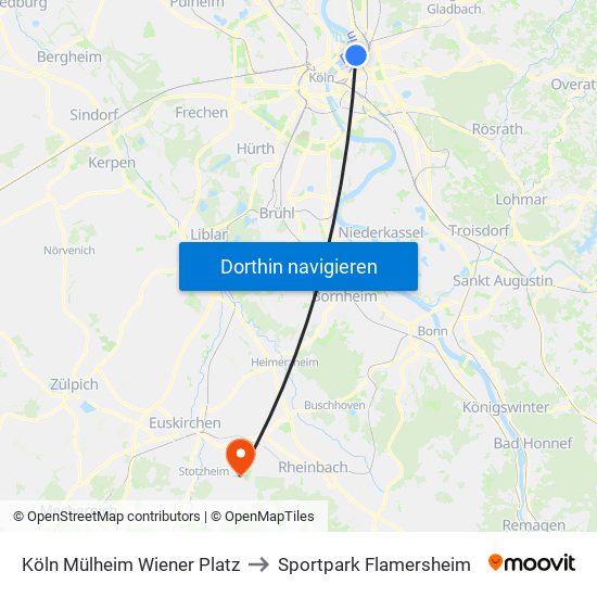 Köln Mülheim Wiener Platz to Sportpark Flamersheim map