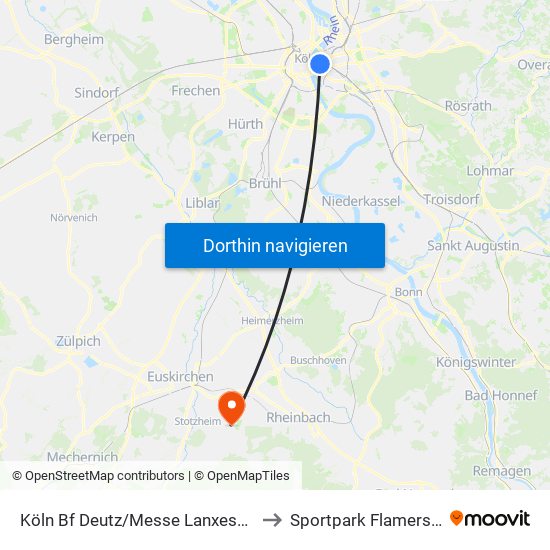 Köln Bf Deutz/Messe Lanxess Arena to Sportpark Flamersheim map