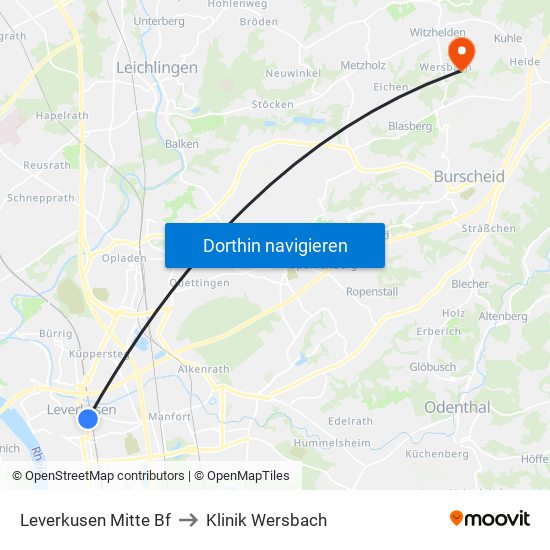 Leverkusen Mitte Bf to Klinik Wersbach map