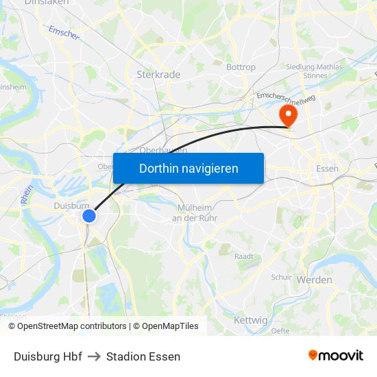 Duisburg Hbf to Stadion Essen map