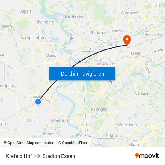 Krefeld Hbf to Stadion Essen map