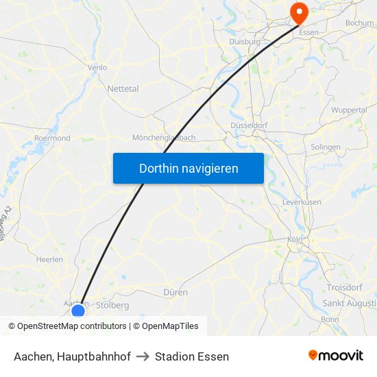 Aachen, Hauptbahnhof to Stadion Essen map