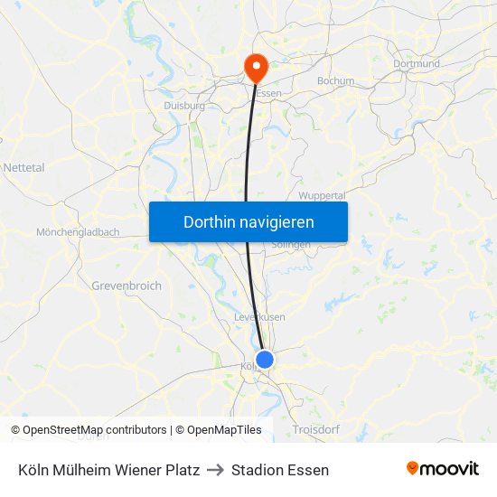 Köln Mülheim Wiener Platz to Stadion Essen map