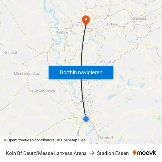 Köln Bf Deutz/Messe Lanxess Arena to Stadion Essen map