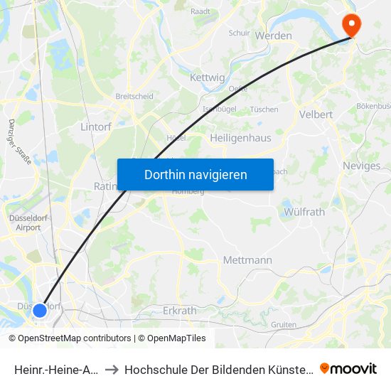 Heinr.-Heine-Allee U - Düsseldorf to Hochschule Der Bildenden Künste, Freie Akademie Der Bildenden Künste map