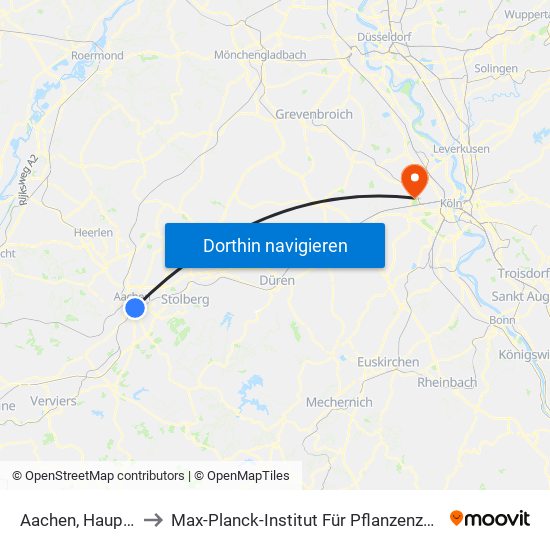 Aachen, Hauptbahnhof to Max-Planck-Institut Für Pflanzenzüchtungsforschung map