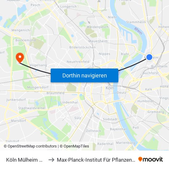 Köln Mülheim Wiener Platz to Max-Planck-Institut Für Pflanzenzüchtungsforschung map