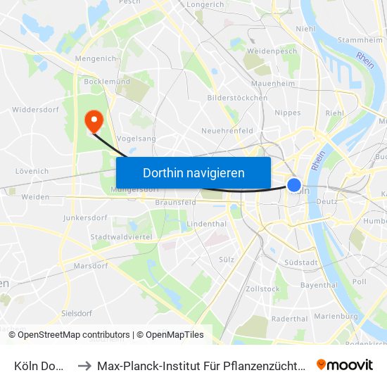 Köln Dom/Hbf to Max-Planck-Institut Für Pflanzenzüchtungsforschung map