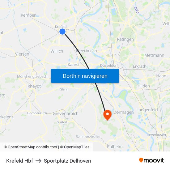 Krefeld Hbf to Sportplatz Delhoven map