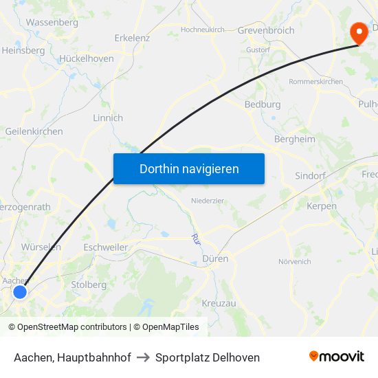 Aachen, Hauptbahnhof to Sportplatz Delhoven map