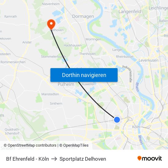 Bf Ehrenfeld - Köln to Sportplatz Delhoven map