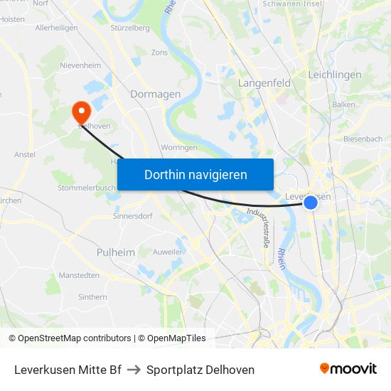 Leverkusen Mitte Bf to Sportplatz Delhoven map