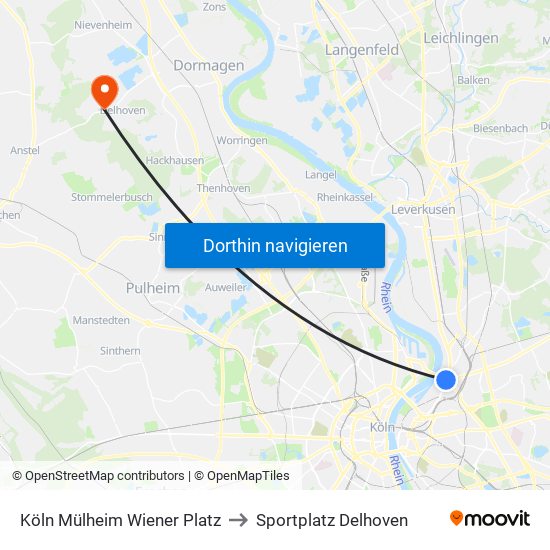 Köln Mülheim Wiener Platz to Sportplatz Delhoven map