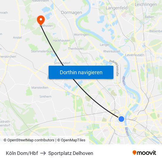 Köln Dom/Hbf to Sportplatz Delhoven map