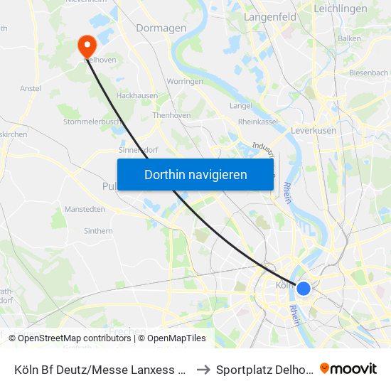 Köln Bf Deutz/Messe Lanxess Arena to Sportplatz Delhoven map