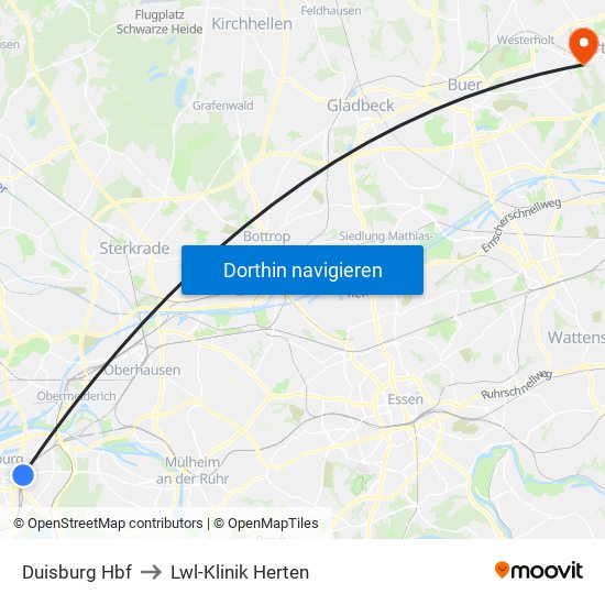 Duisburg Hbf to Lwl-Klinik Herten map