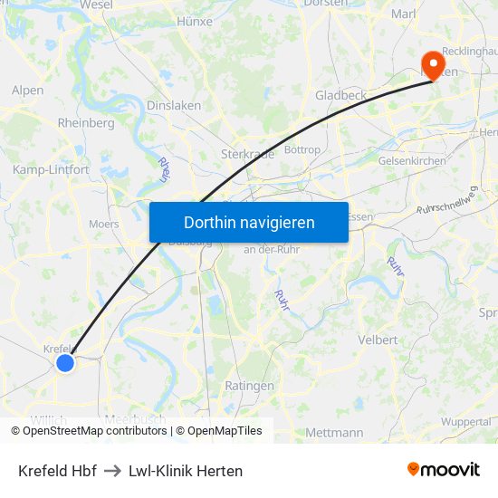 Krefeld Hbf to Lwl-Klinik Herten map