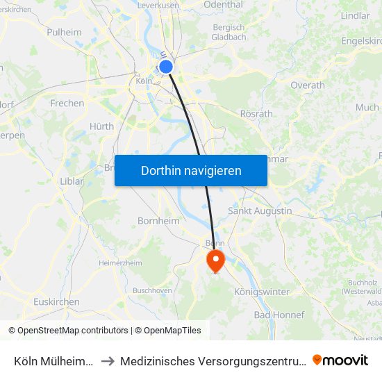 Köln Mülheim Wiener Platz to Medizinisches Versorgungszentrum (Mvz) Geschäftsführung map