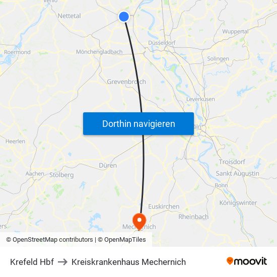 Krefeld Hbf to Kreiskrankenhaus Mechernich map
