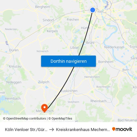 Köln Venloer Str./Gürtel to Kreiskrankenhaus Mechernich map