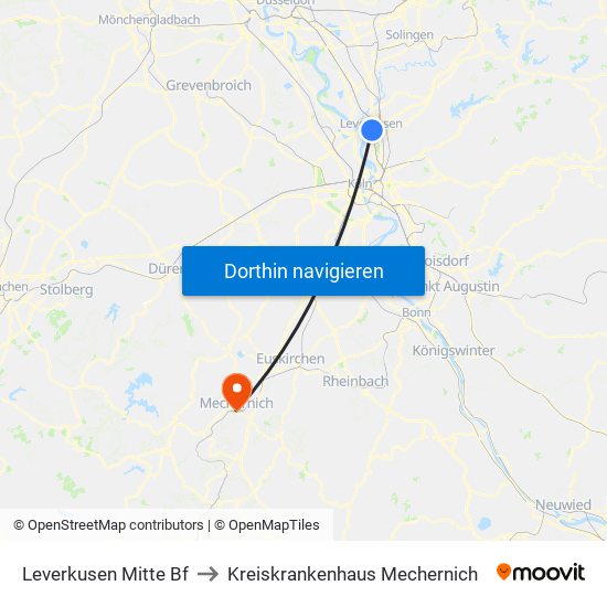 Leverkusen Mitte Bf to Kreiskrankenhaus Mechernich map