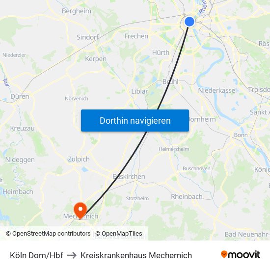 Köln Dom/Hbf to Kreiskrankenhaus Mechernich map