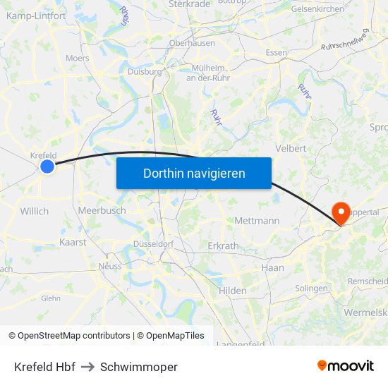Krefeld Hbf to Schwimmoper map