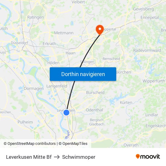 Leverkusen Mitte Bf to Schwimmoper map