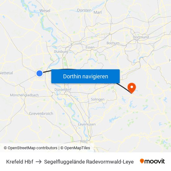 Krefeld Hbf to Segelfluggelände Radevormwald-Leye map