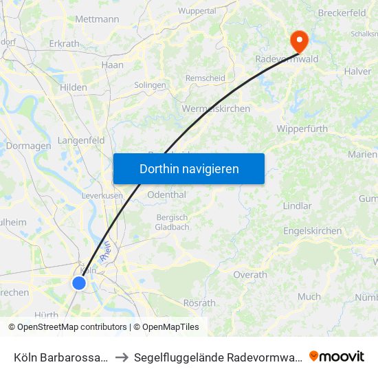 Köln Barbarossaplatz to Segelfluggelände Radevormwald-Leye map