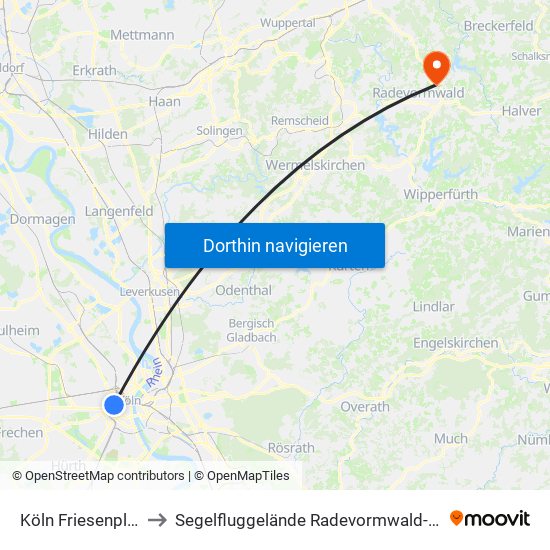 Köln Friesenplatz to Segelfluggelände Radevormwald-Leye map