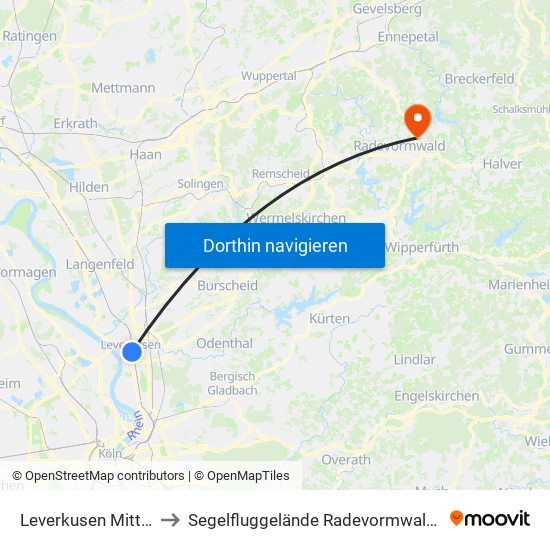 Leverkusen Mitte Bf to Segelfluggelände Radevormwald-Leye map