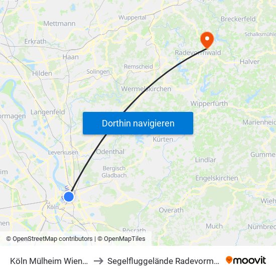 Köln Mülheim Wiener Platz to Segelfluggelände Radevormwald-Leye map