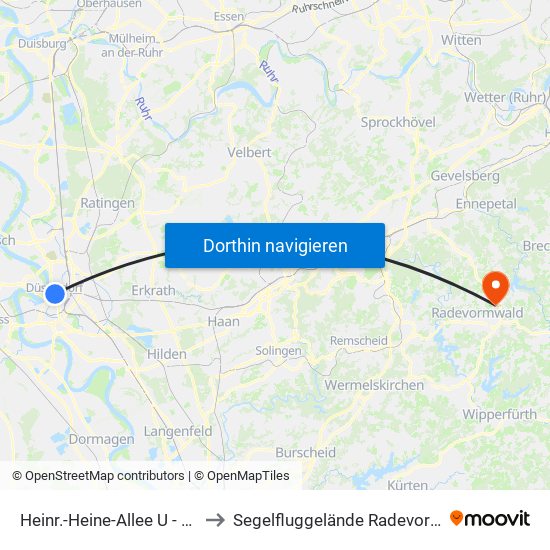 Heinr.-Heine-Allee U - Düsseldorf to Segelfluggelände Radevormwald-Leye map