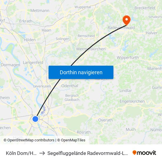 Köln Dom/Hbf to Segelfluggelände Radevormwald-Leye map