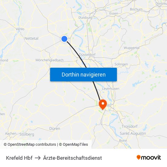 Krefeld Hbf to Ärzte-Bereitschaftsdienst map