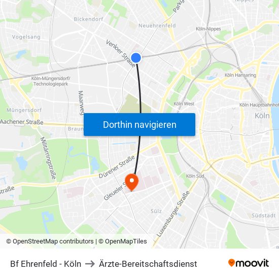 Bf Ehrenfeld - Köln to Ärzte-Bereitschaftsdienst map