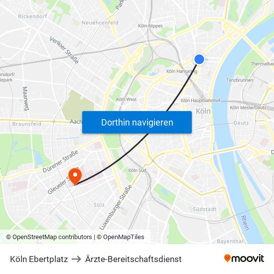 Köln Ebertplatz to Ärzte-Bereitschaftsdienst map
