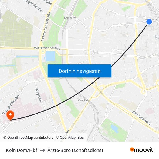 Köln Dom/Hbf to Ärzte-Bereitschaftsdienst map