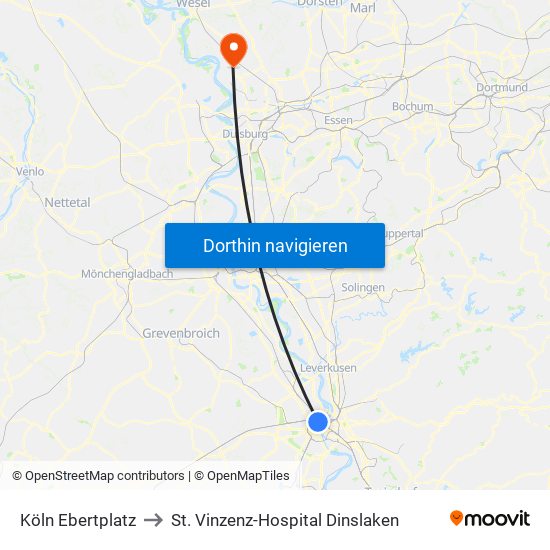 Köln Ebertplatz to St. Vinzenz-Hospital Dinslaken map