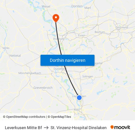 Leverkusen Mitte Bf to St. Vinzenz-Hospital Dinslaken map